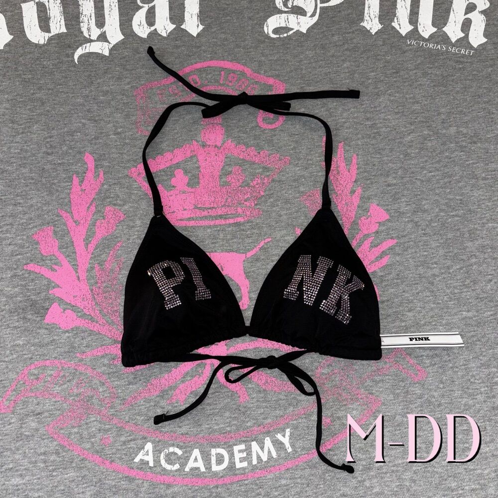 Victoria’s Secret PINK String Bikini Set Black Light Pink Rhinestone Bling MD